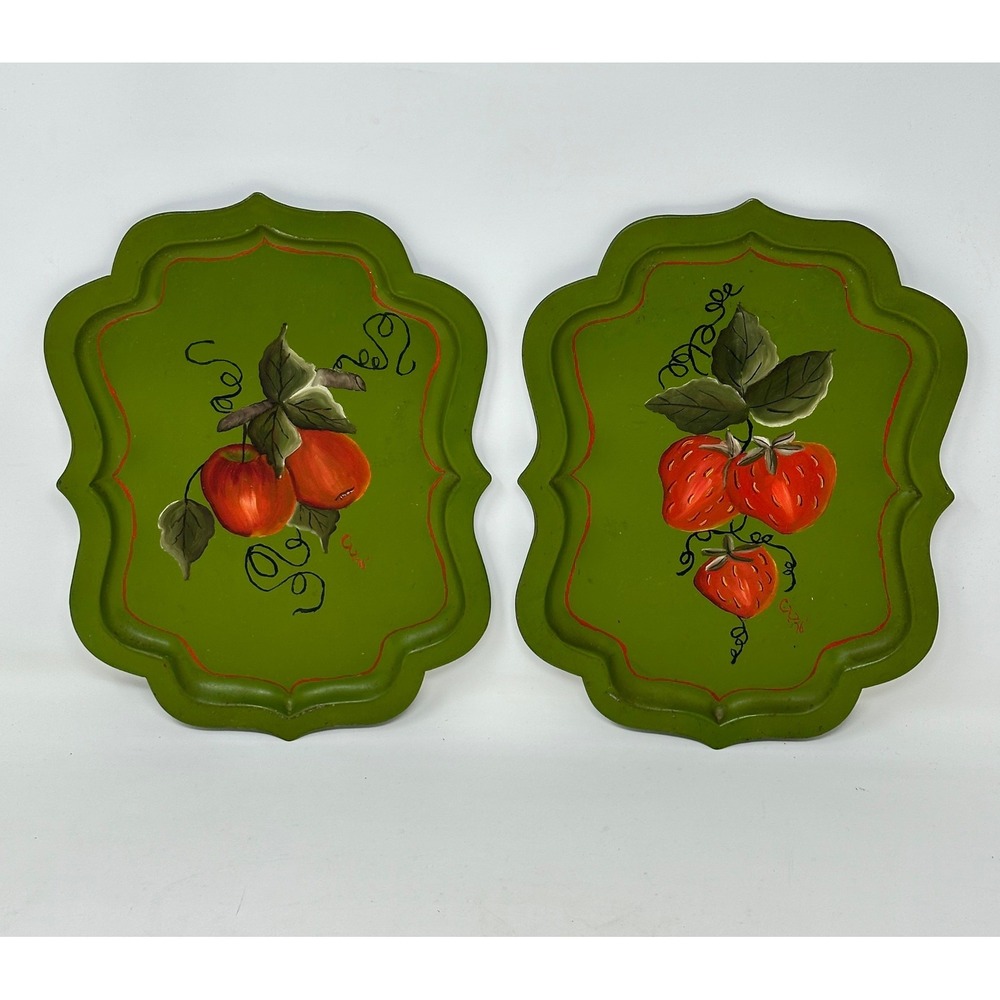 VTG 70s Hand Painted Toleware Metal Wall Plaques Fruit Strawberry Apple Green